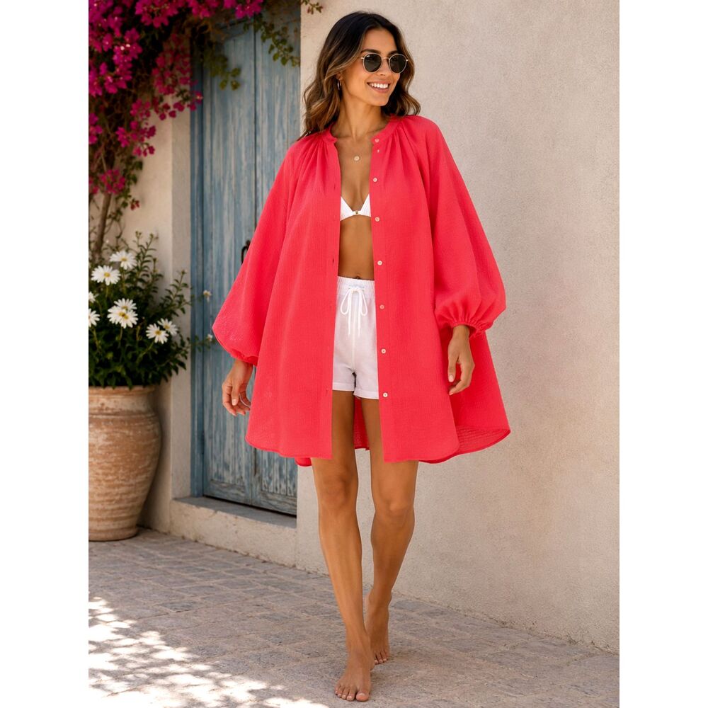 Lilly Pulitzer NWT Red Seersucker Puff Sleeve Cover Up Tunic Dress Size M
